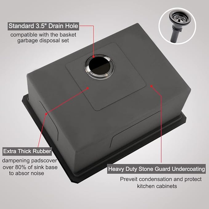 24 Inch Undermount Kitchen Sink Black 16 Gauge Stainless Steel Workstation Single Bowl Kitchen Sink Under Counter 10 Inch Deep Basin