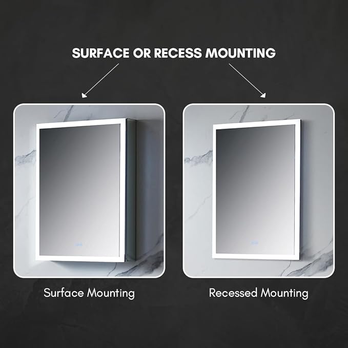 Blossom LED Lighted Mirror Medicine Cabinet, 24x32 Inch, Left Hinge | Wall Mounted Recessed or Surface Bathroom LED Medicine Cabinet with Mirror, Makeup Mirror with Lights | Defogger, 3 Color Dimmer