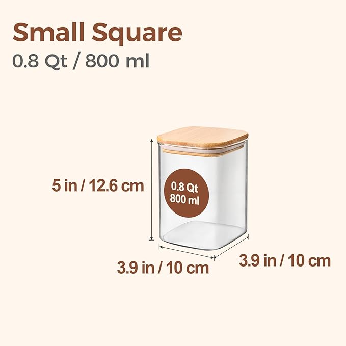 ComSaf 0.8 Qt Glass Food Storage Jars Set of 6, Clear Storage Containers with Airtight Lids, Pantry Organization Jar, Spice Jar, Blooming Tea, Oat, Coffee and Sugar Container, Canister Set for Kitchen