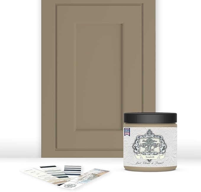 ALL-IN-ONE Paint, Durable cabinet and furniture paint. Built in primer and top coat, no sanding needed. Includes our 30 featured color card - Seadrift (warm, earthy tan), 8oz Sample