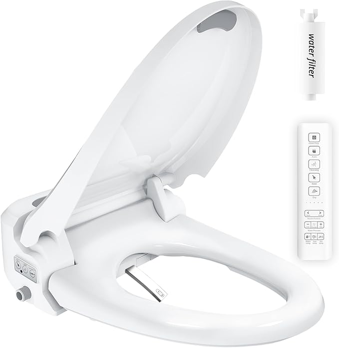 R FLORY Electric Bidet Toilet Seat Elongated Heated Toilet Seat with Bidet Slow Close Lid, Remote Control, Air Pump Flushing, Adjustable Self-Clean Nozzle, Instant Warm Water, Air Dryer, Night Light