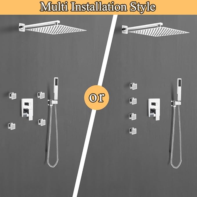 Shower Faucet Set with Body Jets 10 Inch Polished Chrome Shower Head Handheld Shower Combo Set High Pressure Wall Mount with Rough-in Valve, Polished Chrome