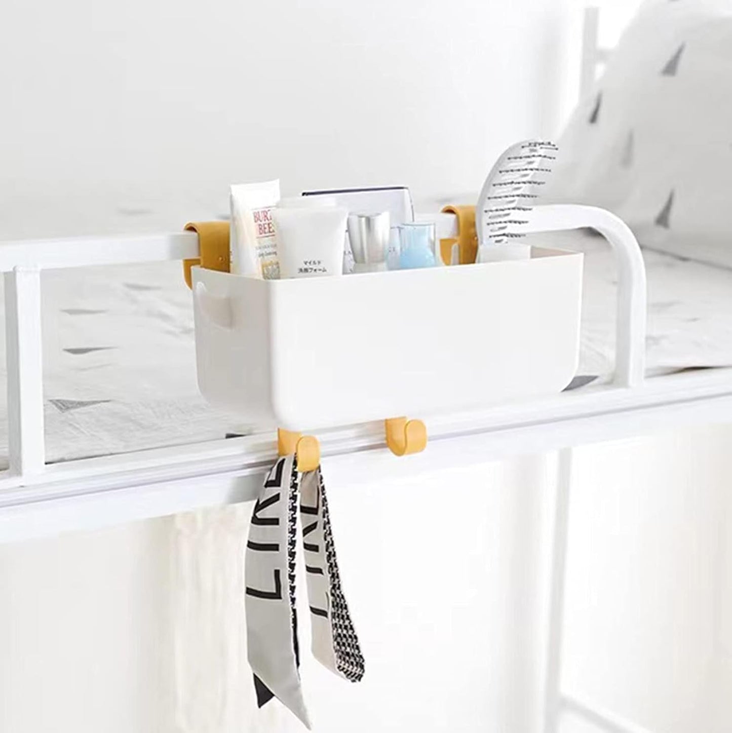 Bedside Hanging Caddy, Plastic Hanging Storage Shelf Holder Organizer for Phone Glasses Bottle Office Supplies in Dorm Room Bathroom Camper Rv - White (Caddy)
