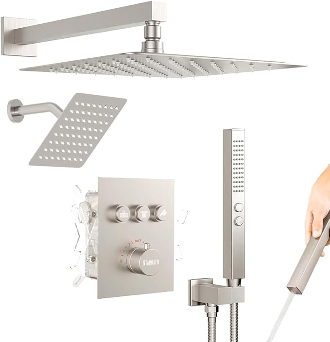 Thermostatic Shower System Brushed Nickel, STARBATH Shower Faucets Sets 12+ 6" Wall Mount Rain Shower and 2 in 1 Handhled, Can Use All at Once, Push Button 3 Modes Valve Complete Shower Set