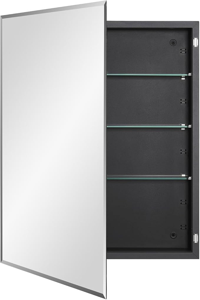 Black Bathroom Medicine Cabinet with Beveled Edge Mirrored Door 24 x 30 inch, Recessed or Surface Mount, with Adjustable Glass Shelves