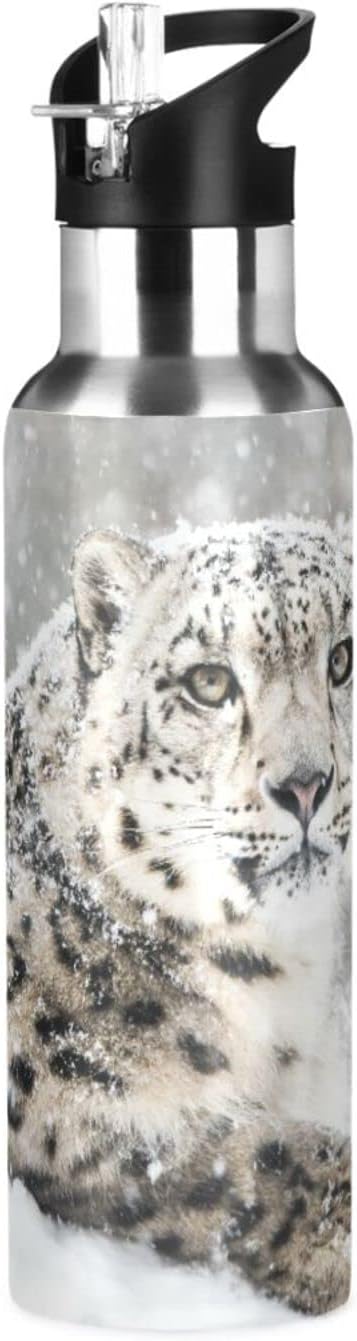 senya 20 Oz Water Bottle with Straw Snow Leopard Stainless Steel Water Bottle for Traveling Sports Leakproof Insulated Water Bottle