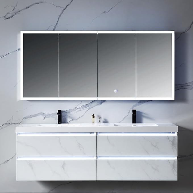 Blossom LED Mirror Medicine Cabinet with Lights, 72x32 Inch | Wall Mounted LED Lighted Bathroom Medicine Cabinet | Recessed or Surface with Defogger, 3 Color Dimmer | Makeup Mirror with Lights