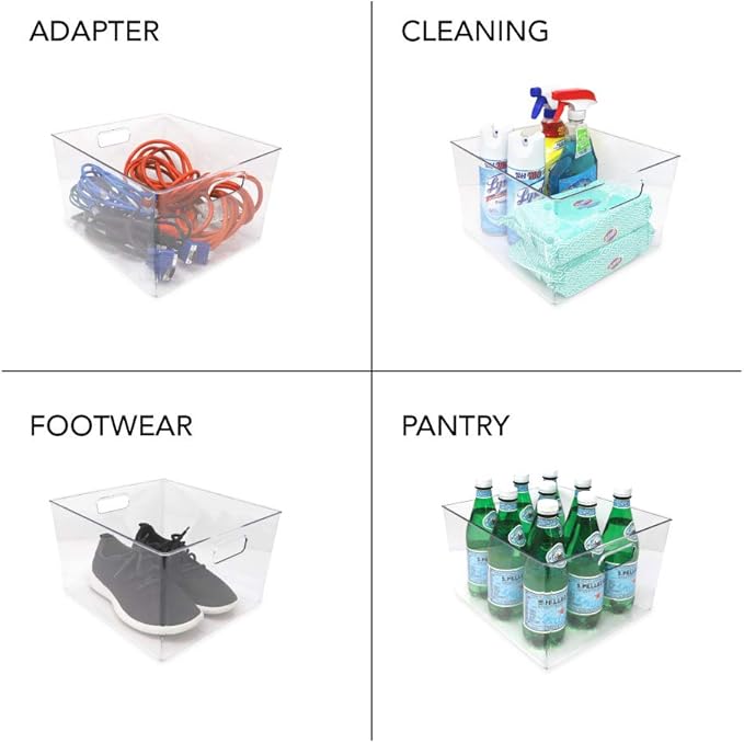 Isaac Jacobs 3-Pack XL Clear Storage Bins with Handles, Plastic Organizer for Office, Home, Kitchen, Pantry, Closet, Kids Room, Cube Shelf, Non-Slip Container Set (3-Pack, Extra-Large)