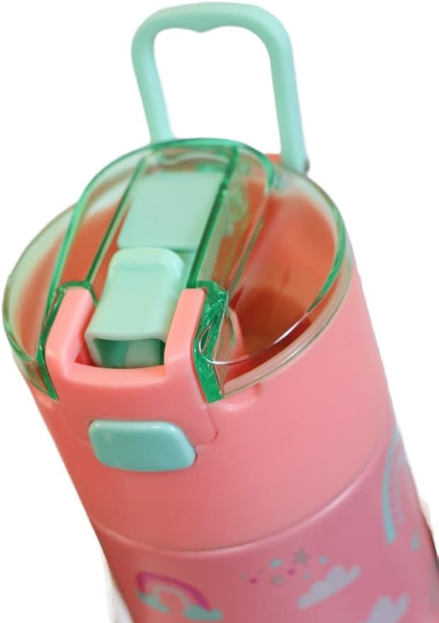 Kids insulated water bottle with straw and snack cup. Double wall stainless steel 14oz (Hot peach and light turquoise green rainbow)
