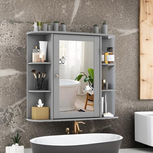 Tangkula Bathroom Medicine Cabinet with Mirror, Wall Mounted Home Storage with Door & 6 Open Shelves, Adjustable Shelves, Mirrored Bathroom Wall Cabinet (Gray)