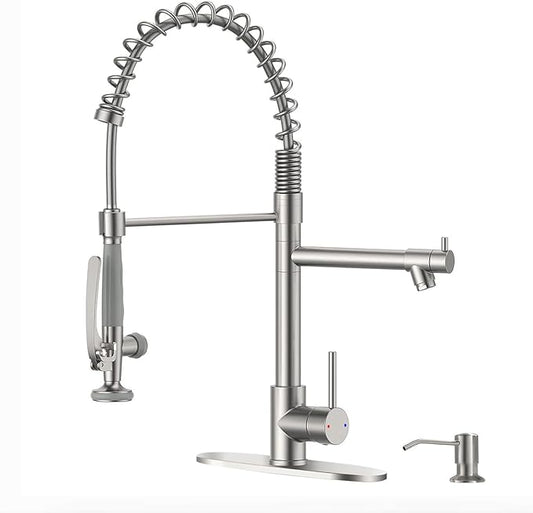 Fapully Commercial Pull Down Kitchen Sink Faucet with Sprayer Brushed Nickel Single Handle Faucets for Kitchen Sink, Kitchen Faucet with Soap Dispenser and Deck Plack for 4 Hole