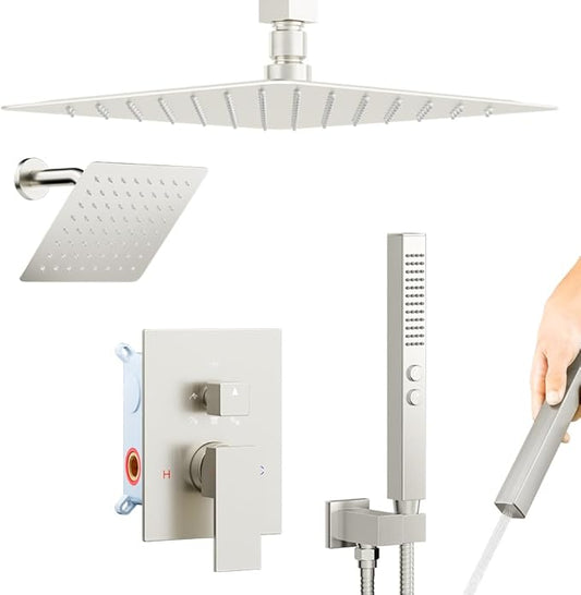 Rain Shower System Brushed Nickel,STARBATH Ceiling Mount 12'' Rain Shower Head and 6'' Rainfall Shower with Handheld Spray, 3 Way Shower Valve with 5 Diverter and Trim Kit Shower Faucet Set