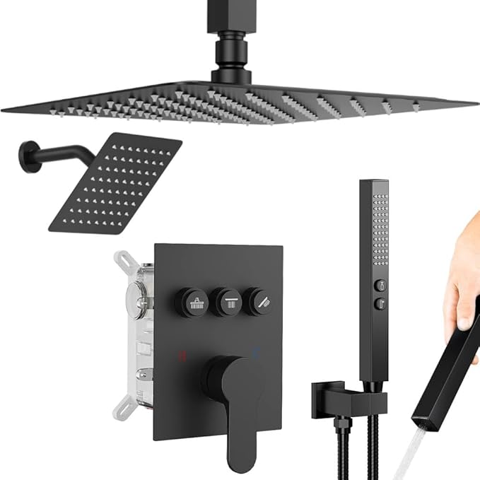 Shower Faucet Set Matte Black Shower System,Push Button Diverter Shower Sets with 2 in 1 Handheld,Ceiling Mount Dual 10+6 Inch Rain Shower Heads,Can Run All Together