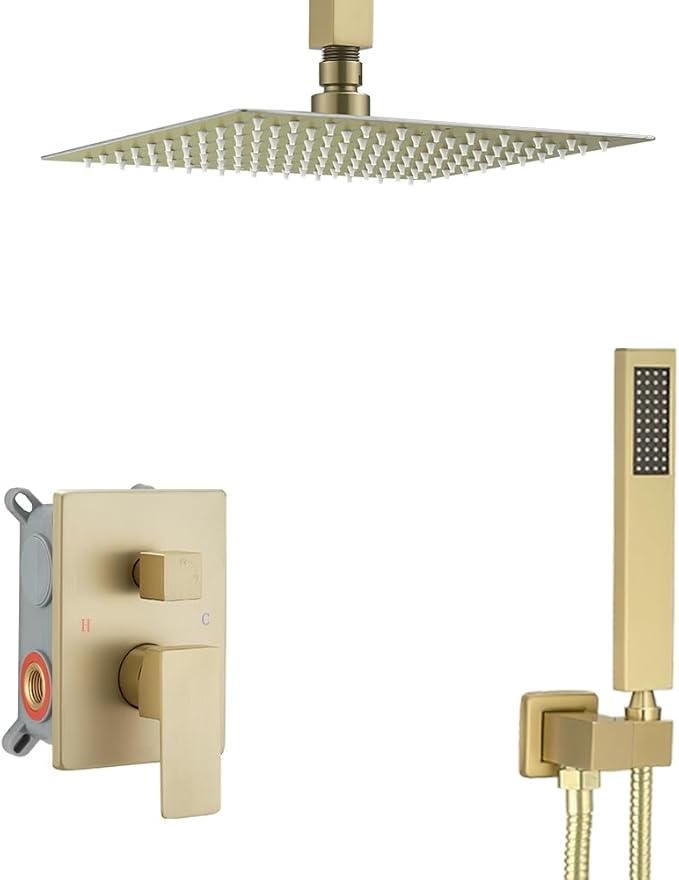 Shower System ‎Brushed Gold Bathroom 10 Inch Rain Shower Head Ceiling Mount with Handheld Luxury High Pressure Shower Combo Set Shower Faucet Rough-in Valve Body and Trim Included