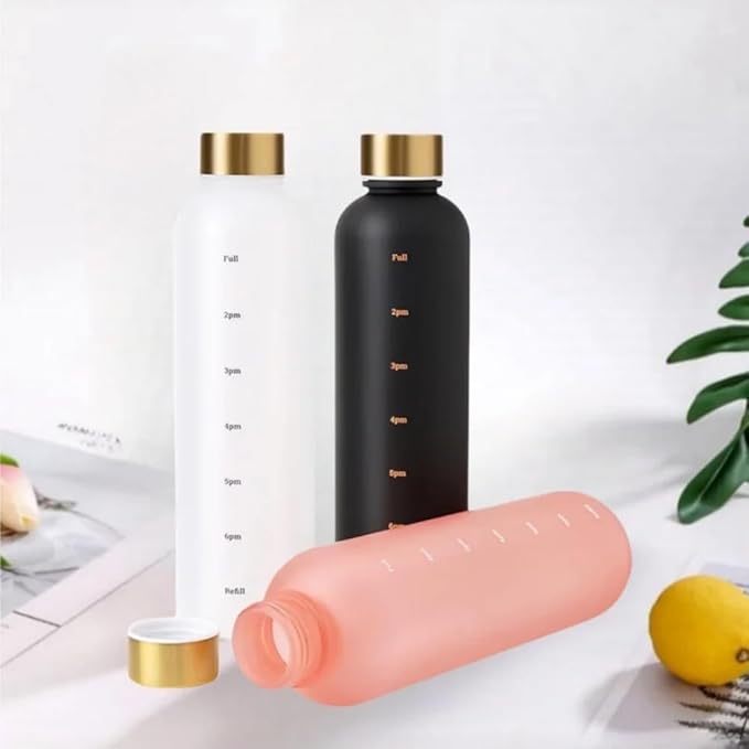 Fitness Sport Water Bottle with Carrying Strap 1000 ml / 32 oz With Time Marker Cute Motivational Water Bottles for Travel, Sports, Home, School,Gym,Yoga,Office-Multicolor (White)