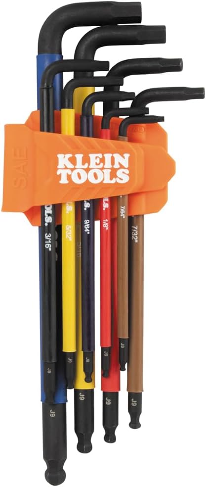 Klein Tools BLS9 9-Piece Extra-Long Hex Key Set, SAE Color-Coded L Style Ball-End Keys with Caddy, Heat-Treated, Sizes 7/64-Inch to 3/8-Inch
