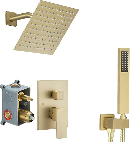 Brushed Gold Shower System with High Pressure 8'' Rainfall Shower Head, Handheld Shower head, Bathroom Luxury Rain Mixer Shower Combo Set Wall Mounted Shower Faucet Rough-in Valve and Trim Kit