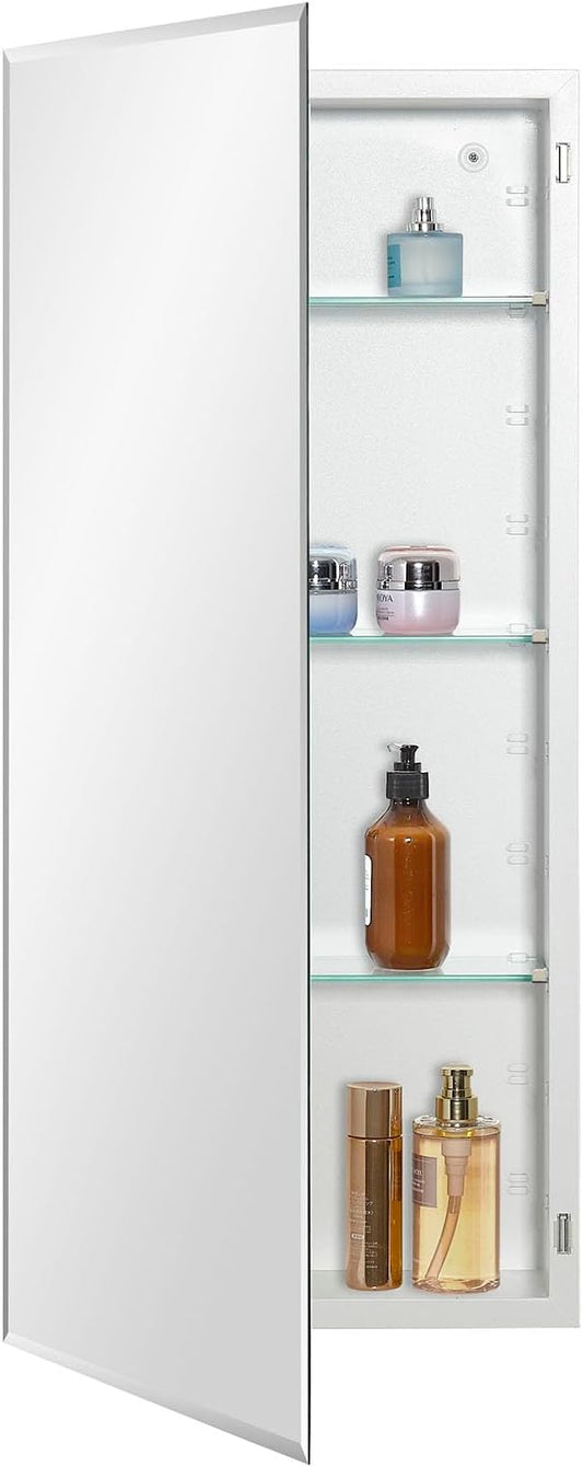 Bathroom Medicine Cabinet with Beveled Edge Mirrored Door 16 x 36 inch, Recessed or Surface Mount, with Adjustable Glass Shelves
