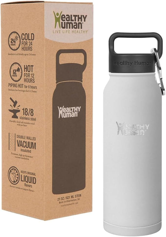 Healthy Human Stainless Steel Water Bottle | Double Walled Vacuum Insulated Water Thermos for Adults | Eco-Friendly Travel Bottles with Leak Proof Lid (Pure White, 21 oz/ 621 ML)