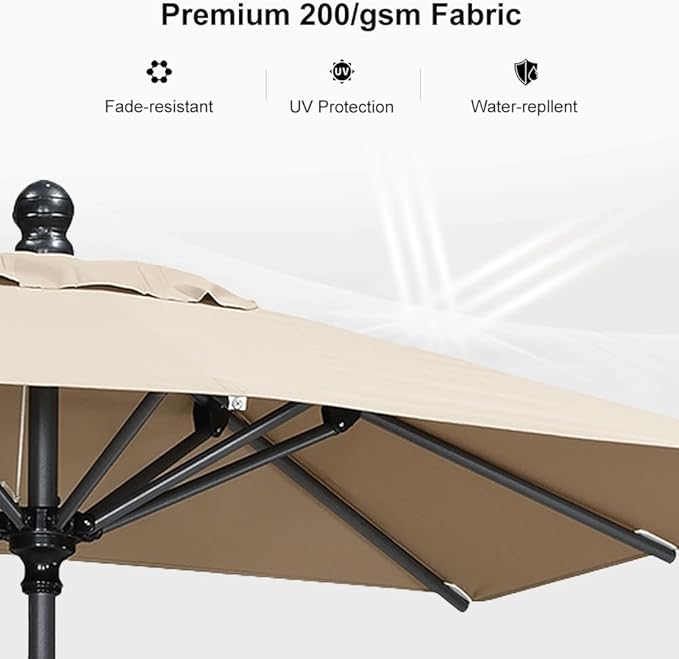 PURPLE LEAF 6' x 4' Rectangular Patio Umbrella Outdoor Table Umbrella Aluminum Frame Market Umbrella Sun Umbrella with 8 Sturdy Ribs Tilt for Garden Deck Lawn Pool Taupe