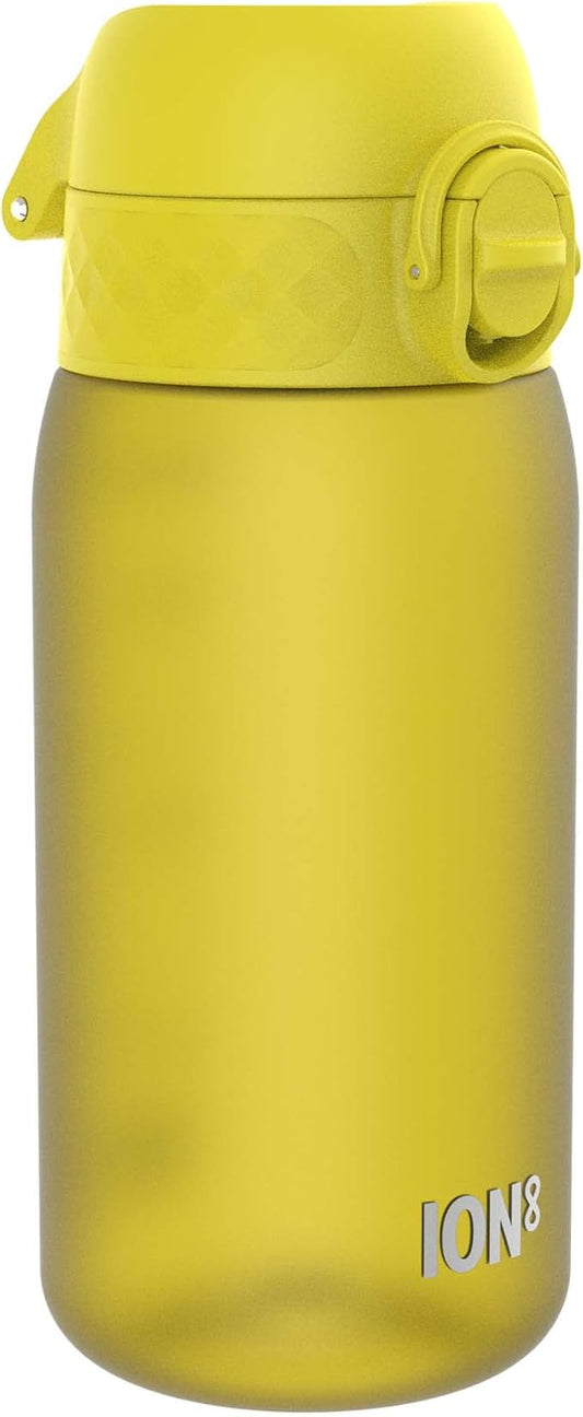 Ion8 Small Water Bottle, 350 ml/12 oz, Leak Proof, Easy to Open, Secure Lock, Dishwasher Safe, BPA Free, Carry Handle, Hygienic Flip Cover, Easy Clean, Odor Free, Carbon Neutral, Sunset Yellow