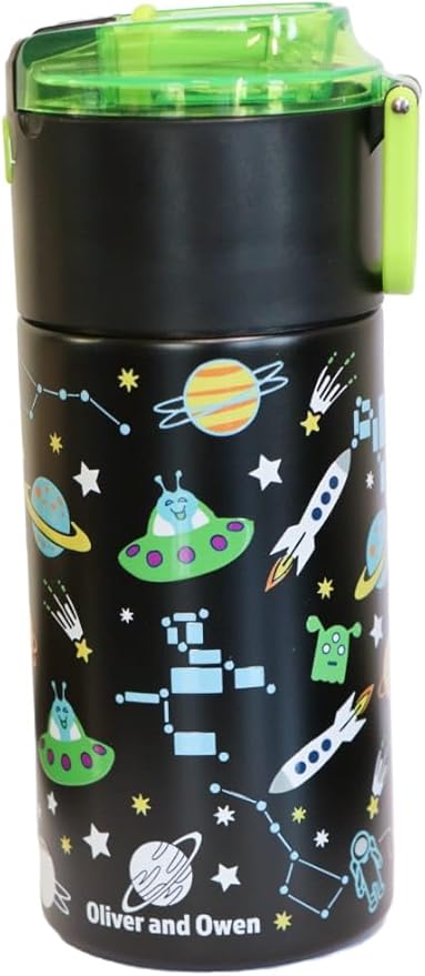 Kids insulated water bottle with straw and snack cup. Double wall stainless steel 14oz (black and green space)