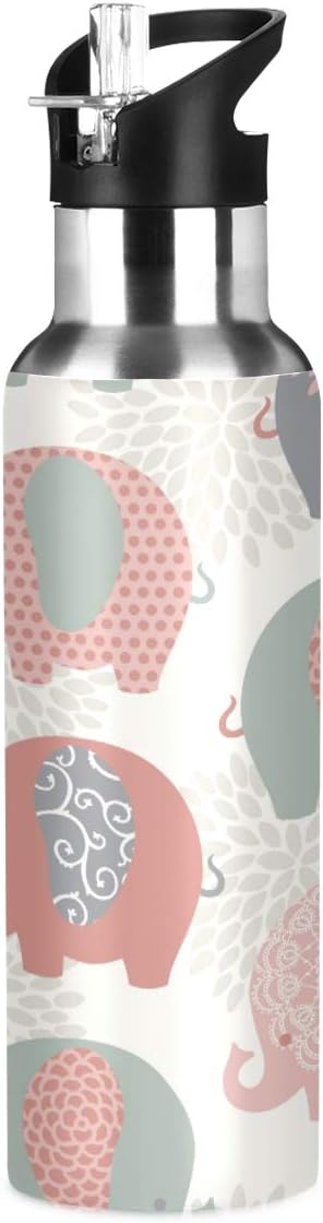 Cute Colorful Elephants Stainless Steel Water Bottle with Straw, BPA Free Reusable Leakproof Water Jug for Fitness Camping Outdoor Sports