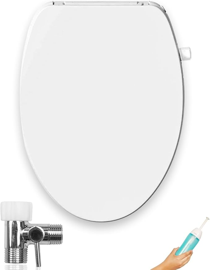 GenieBidet Slow-Close ELONGATED LEFT HAND Bidet. Dual Nozzles Self Cleaning. Adj. Water Pressure. No Wiring. If you can install a toilet seat you can install this. T adapter & Bottle Bidet included.