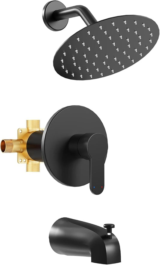 Tub Shower Faucet, Matte Black Shower Faucet Set with 6-Inch Rainfall Shower Head and Tub Spout, Shower Tub Faucet Set Complete (Included Shower Valve), Tub Shower Trim Kit, Matte Black