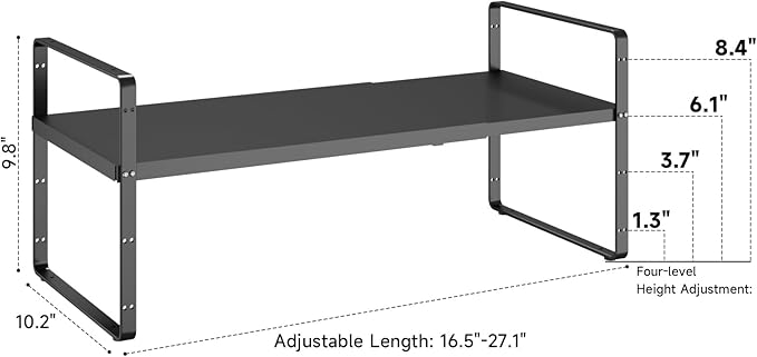 16.5~27.1" Expandable Shelf Organizer, 2Pack 10.2" Wide Stackable Cabinet Shelf Organizers, Black Metal Sturdy Kitchen Counter Storage for Countertop, Adjustable Height Spice Rack