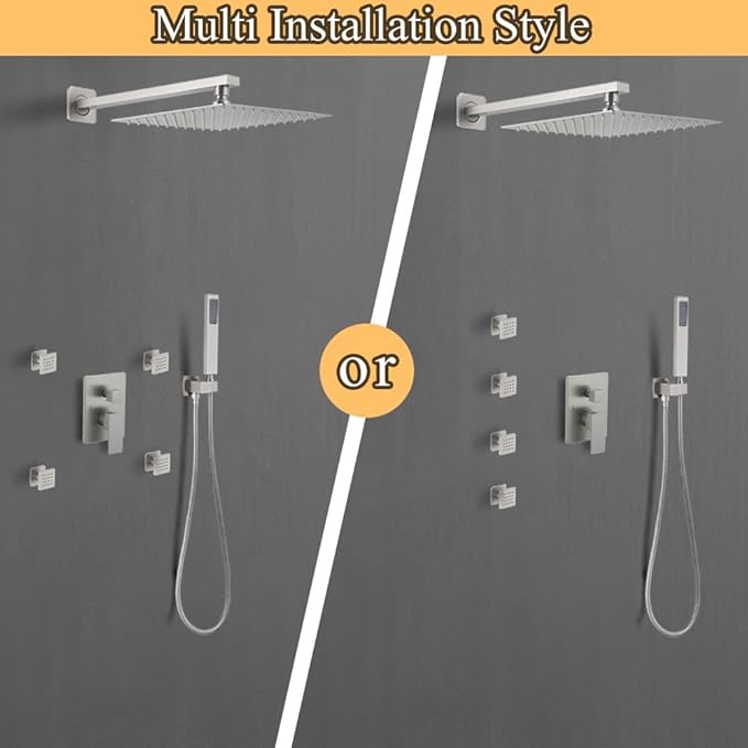 Full Body Shower System Concealed Shower Faucet Set with Body Massage Jets 10 Inch Shower Head Trim Kit 3 Function Wall Mount High Pressure for Bathroom