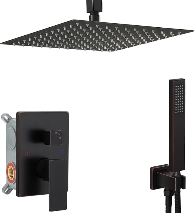 16 Inch Oil Rubbed Bronze Ceiling Mount Shower System Bathroom Luxury Rain Mixer Shower Combo Set Ceiling Rainfall Shower Head System Faucet Contain Rough-in Valve and Trim Included