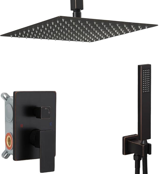 16 Inch Oil Rubbed Bronze Ceiling Mount Shower System Bathroom Luxury Rain Mixer Shower Combo Set Ceiling Rainfall Shower Head System Faucet Contain Rough-in Valve and Trim Included