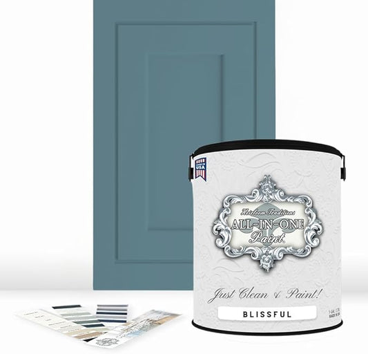 ALL-IN-ONE Paint, Durable cabinet and furniture paint. Built in primer and top coat, no sanding needed. Includes our 30 featured color card - Blissful (french blue), Gallon