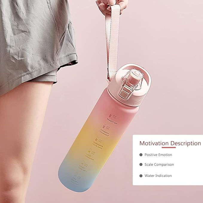 DEARART 32oz Multi Pink Water Bottle, Detachable Straw Wide Mouth Motivational & Time Marker with Handle Easy Carried, Flip Up Lid Lock Feature, Suit Travel Office Yoga Gym School Work etc.