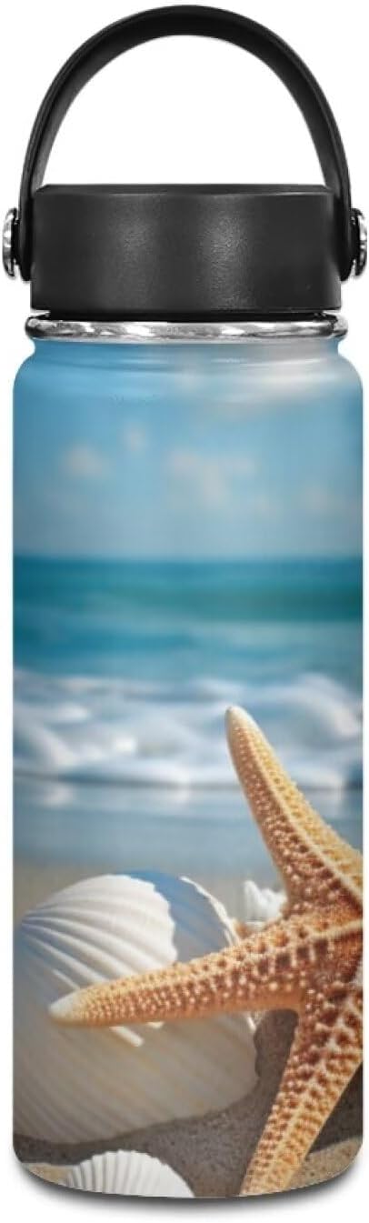 Beach Starfish Insulated Water Bottle for Women Men Stainless Steel Water Bottle with Handle Reusable Sports Water Bottle for Daily Use, Beach, Travel Cup Coffee Mug