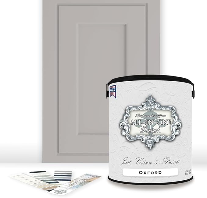 ALL-IN-ONE Paint, Durable cabinet and furniture paint. Built in primer and top coat, no sanding needed. Includes our 30 featured color card - Oxford (neutral gray), Gallon