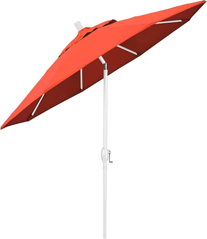 California Umbrella 7.5' Round Aluminum Market Umbrella, Crank Lift, Push Button Tilt, White Pole, Sunset Olefin