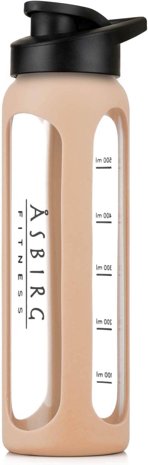 Fitness | Protein Shaker Made of Glass | Protein Shaker | Drinking Bottle | with Spiral Ball | Beige