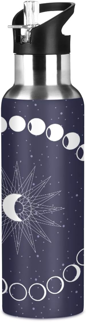 Moon Phases Circle Water Bottle with Straw Lid for Fitness Gym Camping Outdoor Sports, Wide Mouth Vacuum Insulated 18/8 Stainless Steel, 22 oz