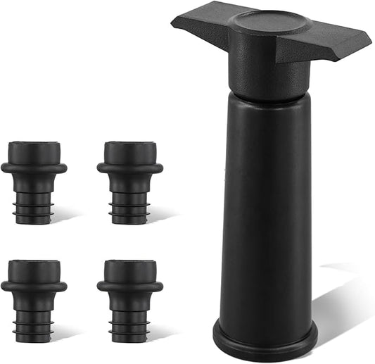 4PCS Wine Bottle Stoppers & A Wine Vacuum Saver Pump, Silicone Leak Proof Wine Stopper Sealer Plug Fit for All Standard Wine Bottles, Wine Preserver Keeps Wine Fresh