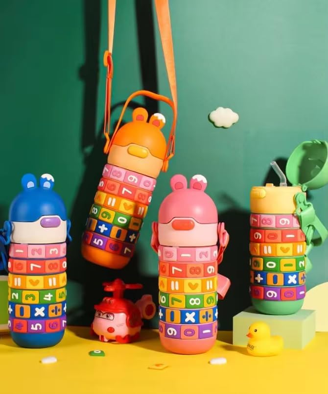 Numbers and Maths Symbols Design Kids' Water Bottle with Straw for School or Travel; 15oz (430ml) Stainless Steel Vacuum Insulated; Portable Handle with Detachable Buckle (Green), CZMX-30031