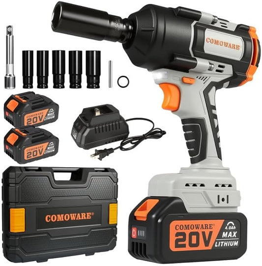 COMOWARE Cordless Impact Wrench, 1/2 Inch 1000N.m (780Ft-lbs) High Torque 20V Brushless Power Impact Driver Kit for Automotive DIY, 4.0Ah Li-ion 2 Battery, 5 Pcs Impact Sockets with Case
