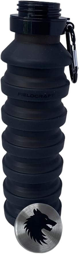 FIELDCRAFT Collapsible Silicone Water Bottle, BPA Free, Foldable, Leak Proof with Carabiner, Black (Black)