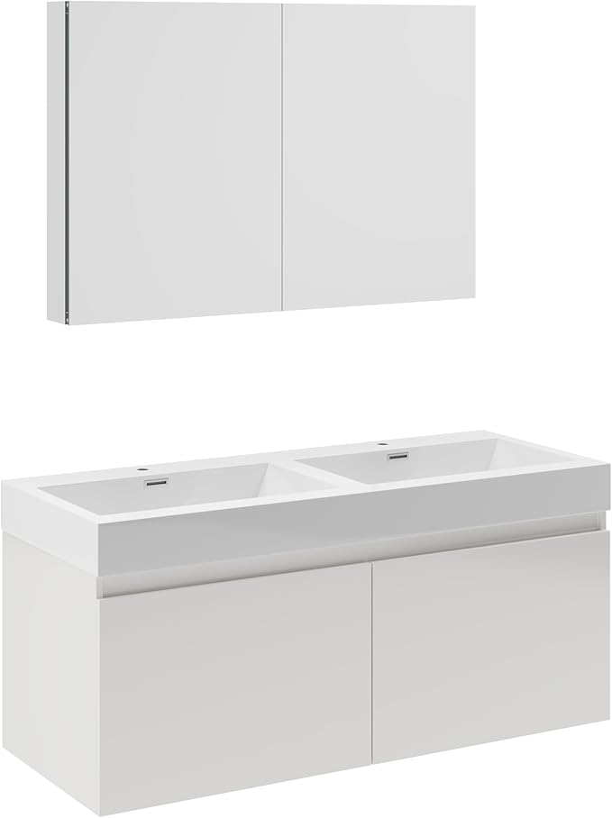 Fresca Mezzo 48 Inch White Wall Mount Modern Double Bathroom Vanity and Medicine Cabinet - Includes Double Integrated Sinks with 4 Soft-Closing Hidden Drawers - Faucets Sold Separately