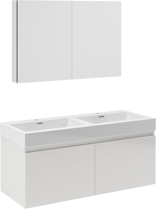 Fresca Mezzo 48 Inch White Wall Mount Modern Double Bathroom Vanity and Medicine Cabinet - Includes Double Integrated Sinks with 4 Soft-Closing Hidden Drawers - Faucets Sold Separately
