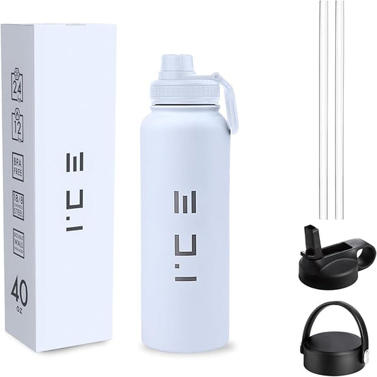ICE Sports Water Bottle - Includes 3 Lids (1 Straw Lid) & 2 Straws - Leak proof Stainless Steel Gym & Sport Bottles for Men, Women & Kids - Double Walled, Insulated Thermos (White, 40 oz)