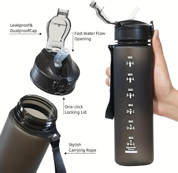 Generic Water bottles, 22Oz motivational sports water bottle with time marker - Drinking times - Tritan, BPA-free, leak-proof wide mouth, fast flow technology, (assorted colors, black or blue)