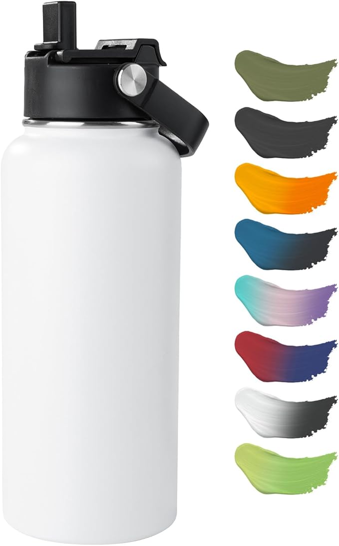 Kerilyn Stainless Steel Insulated Water Bottle, 32oz Double Wall Vacuum Insulated Water Bottle Leak Proof with Silicone Straw, Wide Mouth Lid, BPA Free, Keep Cold and Hot, 32oz, White