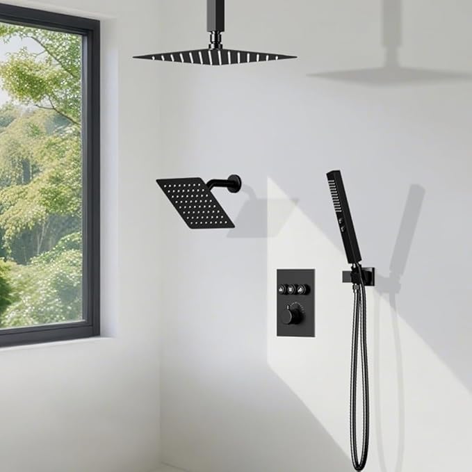 Shower Faucet Set Matte Black Shower System,10" Ceiling Rainfall Shower and 6" Wall Mount Rain Shower with 2 in 1 Handhled, Can Use All at Once, Thermostatic Shower Set with Valve and Trim Kit